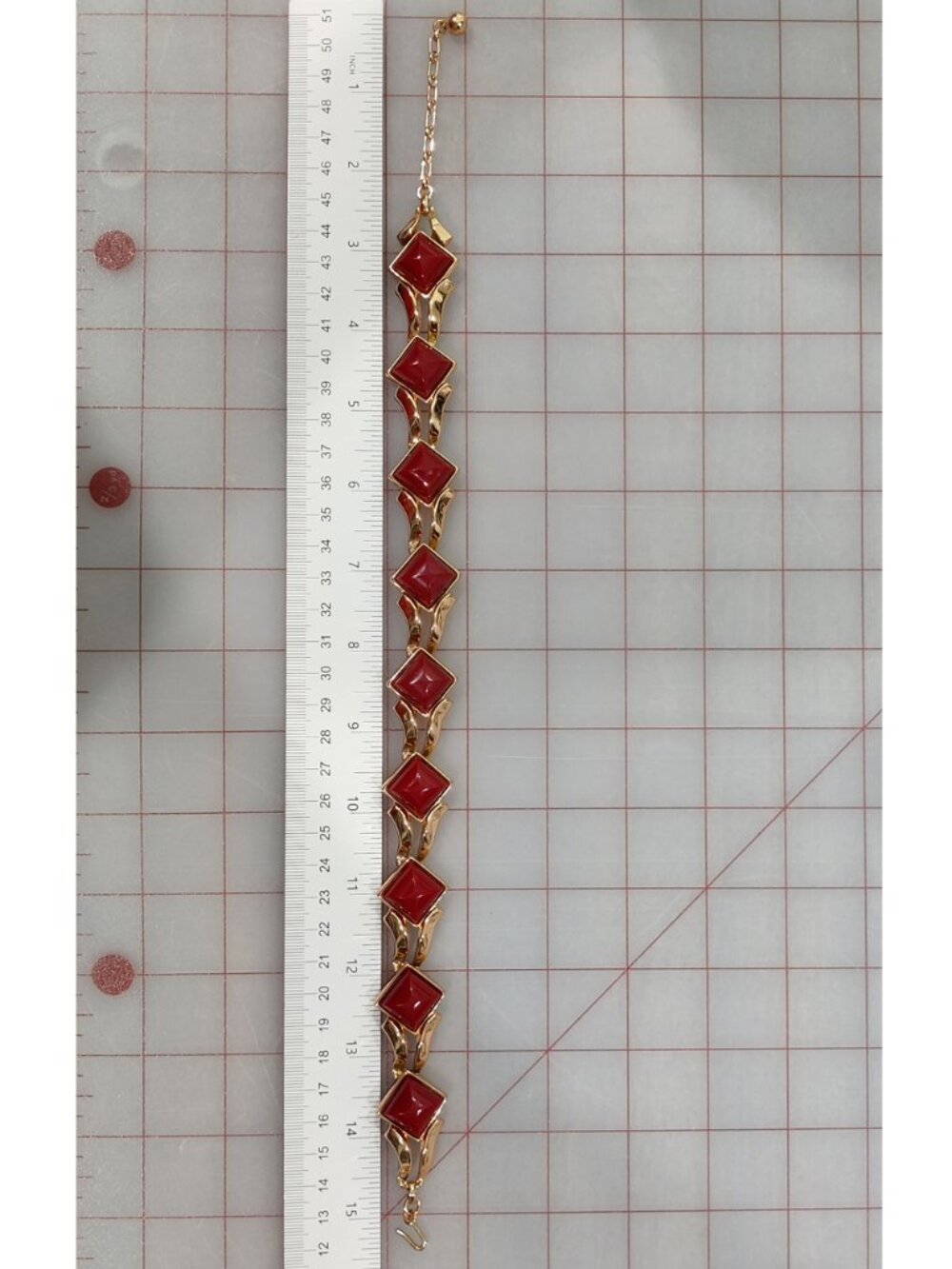 VTG Signed 50s Crown Trifari Gold Tone Red Thermoset Choker Earrings Bracelet - Picture 10 of 12